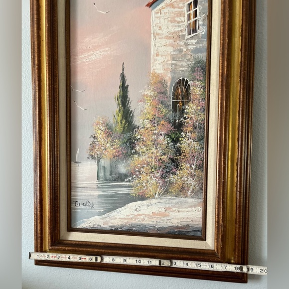 Vtg Oceanside Villa Pastel Floral Oil Painting On Canvas Signed Wood Frame - Picture 4 of 8